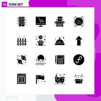 Pack of 16 Modern Solid Glyphs Signs and Symbols for Web Print Media such as home watch startup time typewriter Editable Vector Design Elements