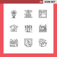 Mobile Interface Outline Set of 9 Pictograms of music nature internet easter house Editable Vector Design Elements