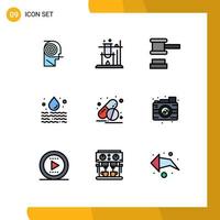 Mobile Interface Filledline Flat Color Set of 9 Pictograms of medicine waste auction pollution water Editable Vector Design Elements