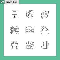 Editable Vector Line Pack of 9 Simple Outlines of photo image birthday camera design Editable Vector Design Elements