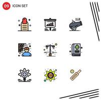 Set of 9 Commercial Filledline Flat Colors pack for lamp man big gun labour architecture Editable Vector Design Elements