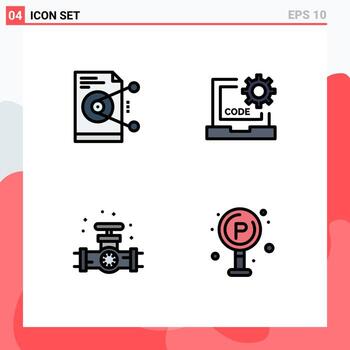 paquete de línea de vector editable de 4 colores planos de línea de llenado simple de trabajo de programación de archivos codificación elementos de diseño de vector editables mecánicos