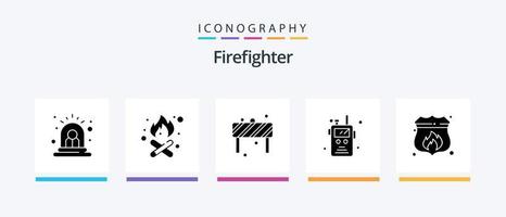 Firefighter Glyph 5 Icon Pack Including shield. access. block. fire. radio transceiver. Creative Icons Design vector