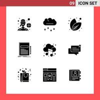 Pack of 9 Modern Solid Glyphs Signs and Symbols for Web Print Media such as cloud presentation leaf paper document Editable Vector Design Elements