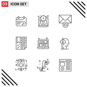 Pack of 9 Modern Outlines Signs and Symbols for Web Print Media such as addiction antivirus envelope report document Editable Vector Design Elements