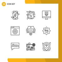 Mobile Interface Outline Set of 9 Pictograms of car internet romantic find development Editable Vector Design Elements