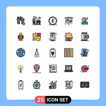 25 Universal Filled line Flat Color Signs Symbols of presentation analytics real wireless connection Editable Vector Design Elements