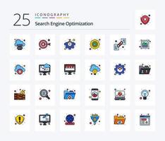 paquete de iconos rellenos de 25 líneas seo que incluye url. enlace. actuación. archivo. posicionamiento web vector