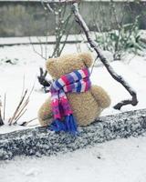 el oso de peluche marrón con una bufanda brillante se sienta en medio de la nieve blanca foto