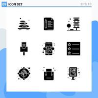 Mobile Interface Solid Glyph Set of 9 Pictograms of marketing ethernet pencil cable city Editable Vector Design Elements