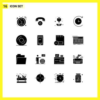 Pack of 16 Modern Solid Glyphs Signs and Symbols for Web Print Media such as smart phone disk flora dvd time machine Editable Vector Design Elements