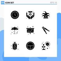 Mobile Interface Solid Glyph Set of 9 Pictograms of chart wet best weather beach Editable Vector Design Elements