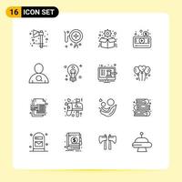 Pictogram Set of 16 Simple Outlines of employee player gear media player money Editable Vector Design Elements