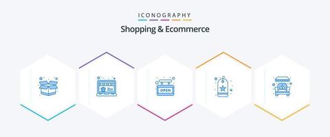 Shopping And Ecommerce 25 Blue icon pack including shop. armchair. open. tag. favorite vector