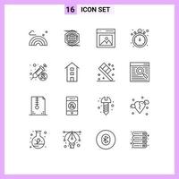 Universal Icon Symbols Group of 16 Modern Outlines of cancer timer communication stop watch user Editable Vector Design Elements