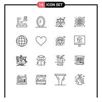 User Interface Pack of 16 Basic Outlines of heart geography justice education exchange Editable Vector Design Elements