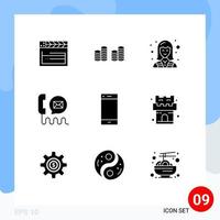 Mobile Interface Solid Glyph Set of 9 Pictograms of call help electrician email communication Editable Vector Design Elements