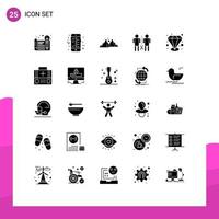 Mobile Interface Solid Glyph Set of 25 Pictograms of shared mind mountain knowledge sun Editable Vector Design Elements