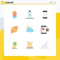 9 Thematic Vector Flat Colors and Editable Symbols of weather cloud mobile meal drink Editable Vector Design Elements