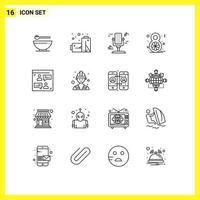 Mobile Interface Outline Set of 16 Pictograms of user web microphone celebrate flower Editable Vector Design Elements