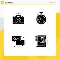 Editable Vector Line Pack of 4 Simple Solid Glyphs of camera love message picture stopwatch architecture Editable Vector Design Elements