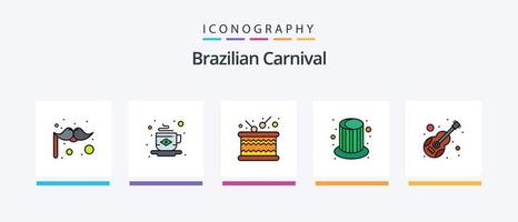 la línea del carnaval brasileño llenó el paquete de 5 íconos que incluye el instrumento. fútbol. violín. fútbol. gorra. diseño de iconos creativos vector