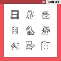 Pack of 9 Modern Outlines Signs and Symbols for Web Print Media such as app market data management economics strategy Editable Vector Design Elements