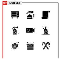 Pack of 9 Modern Solid Glyphs Signs and Symbols for Web Print Media such as liberty video log record security Editable Vector Design Elements