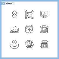 9 Thematic Vector Outlines and Editable Symbols of security monitor computer bug jeep Editable Vector Design Elements