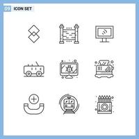 9 Thematic Vector Outlines and Editable Symbols of security monitor computer bug jeep Editable Vector Design Elements