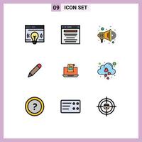 Mobile Interface Filledline Flat Color Set of 9 Pictograms of communication write search school pencil Editable Vector Design Elements