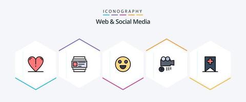 paquete de iconos de 25 líneas completas para web y redes sociales que incluye . . feliz. medios de comunicación. etiqueta vector
