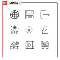 Universal Icon Symbols Group of 9 Modern Outlines of coin movie global film person Editable Vector Design Elements