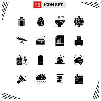 16 signos universales de glifos sólidos símbolos del telescopio espacial cuenco engranajes cocina elementos de diseño vectorial editables vector