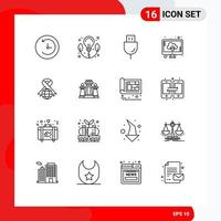 Set of 16 Vector Outlines on Grid for globe care plug upload computer Editable Vector Design Elements