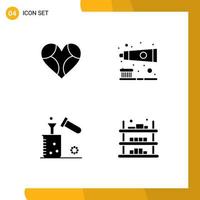 Pictogram Set of 4 Simple Solid Glyphs of heart chemical like tooth chemistry Editable Vector Design Elements