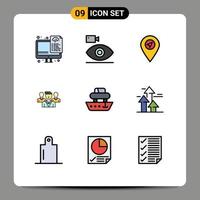 Modern Set of 9 Filledline Flat Colors Pictograph of cargo gang media friendzone staff Editable Vector Design Elements