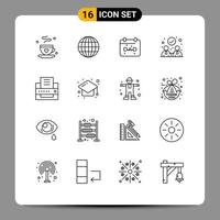 Mobile Interface Outline Set of 16 Pictograms of cap fax date printer collaboration Editable Vector Design Elements