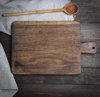 empty old brown wooden cutting board and spoon photo