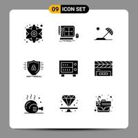 9 User Interface Solid Glyph Pack of modern Signs and Symbols of shield protection web designing firewall sun Editable Vector Design Elements