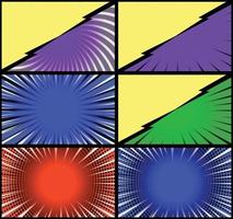 Comic book colorful frames background with halftone rays radial and dotted effects pop art style vector