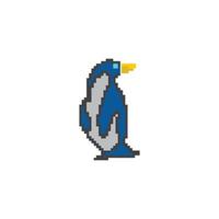 Pingüino emperador de arte de píxeles de 8 bits de la vieja escuela parado en el suelo. Especies en peligro de extinción de la Antártida. icono de pájaro del océano aislado sobre fondo blanco. vector