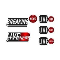 Live TV news red tag icon with video symbol of live broadcasting, full hd, live stream. Black tag labels of hd, uhd, fhd, 4k, 8k. Vector user interface design for video blog