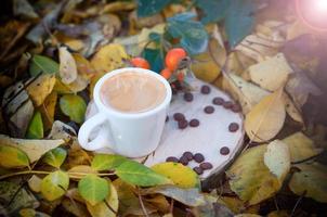 Cup of coffee among the yellow fallen leaves in the sunlight, photo