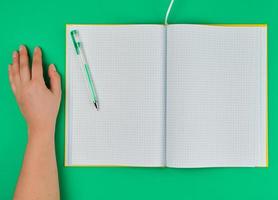 open checked notebook and female hand photo