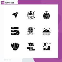 Pack of 9 Modern Solid Glyphs Signs and Symbols for Web Print Media such as cloud train heart rail internet security Editable Vector Design Elements