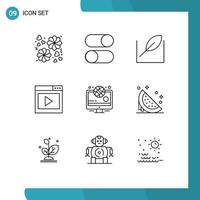 Mobile Interface Outline Set of 9 Pictograms of olympic video page leaf media page interface media Editable Vector Design Elements