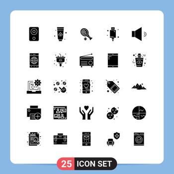 25 glifos sólidos universales establecidos para aplicaciones web y móviles equipos de altavoces raqueta dispositivos electrónicos elementos de diseño de vectores editables