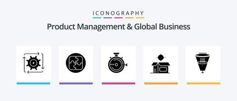 paquete de iconos de glifo 5 de gestión de productos y negocios globales que incluye el producto. caja. solución. producto abierto. liberar. diseño de iconos creativos vector
