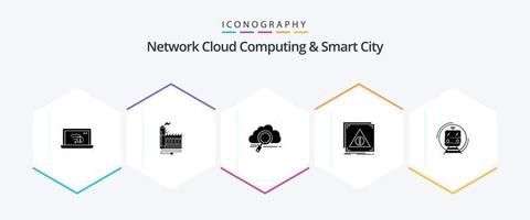 paquete de iconos de 25 glifos de red informática en la nube y ciudad inteligente que incluye error. informática. fábrica. tecnología. buscar vector